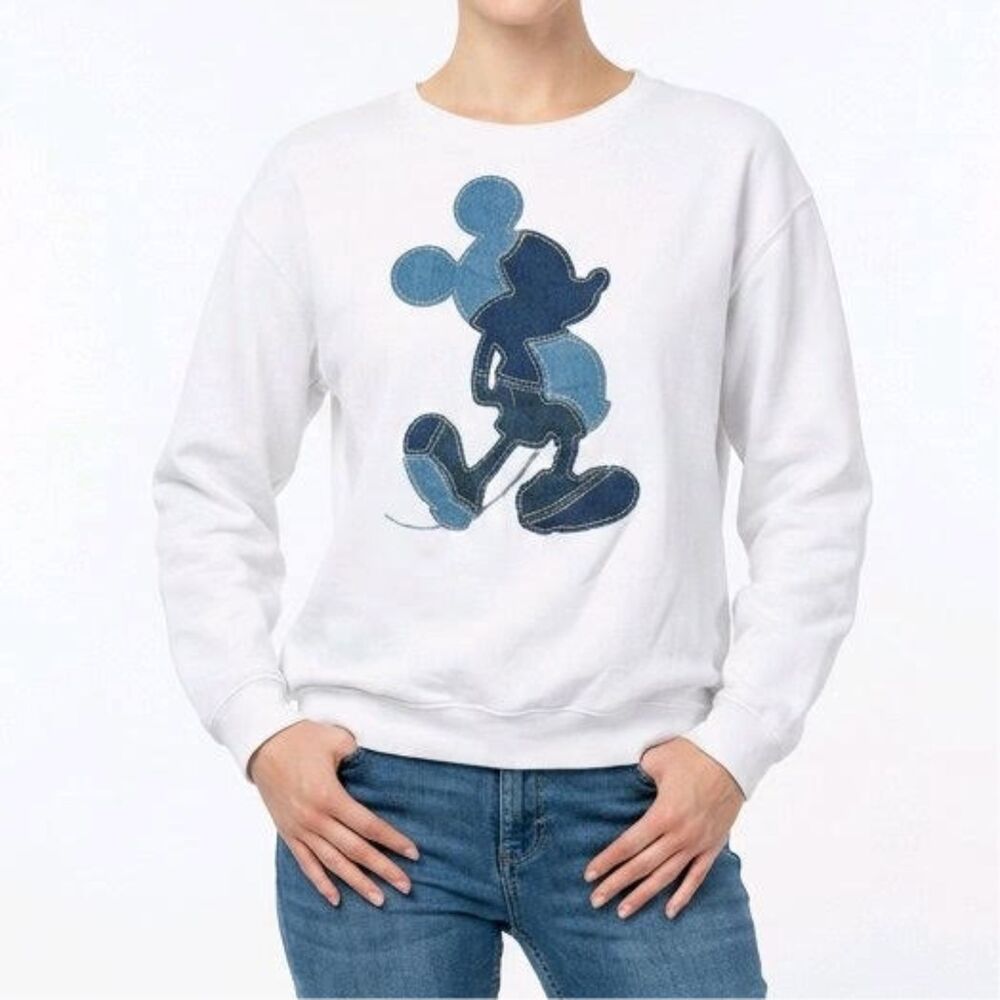 Disney Mickey Mouse Denim Patchwork Applique Sweatshirt White Large Y2K